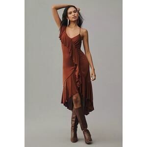 NWT By Anthropologie One-Shoulder Ruffled High-Low Midi Dress Sz XS Wine #8F504